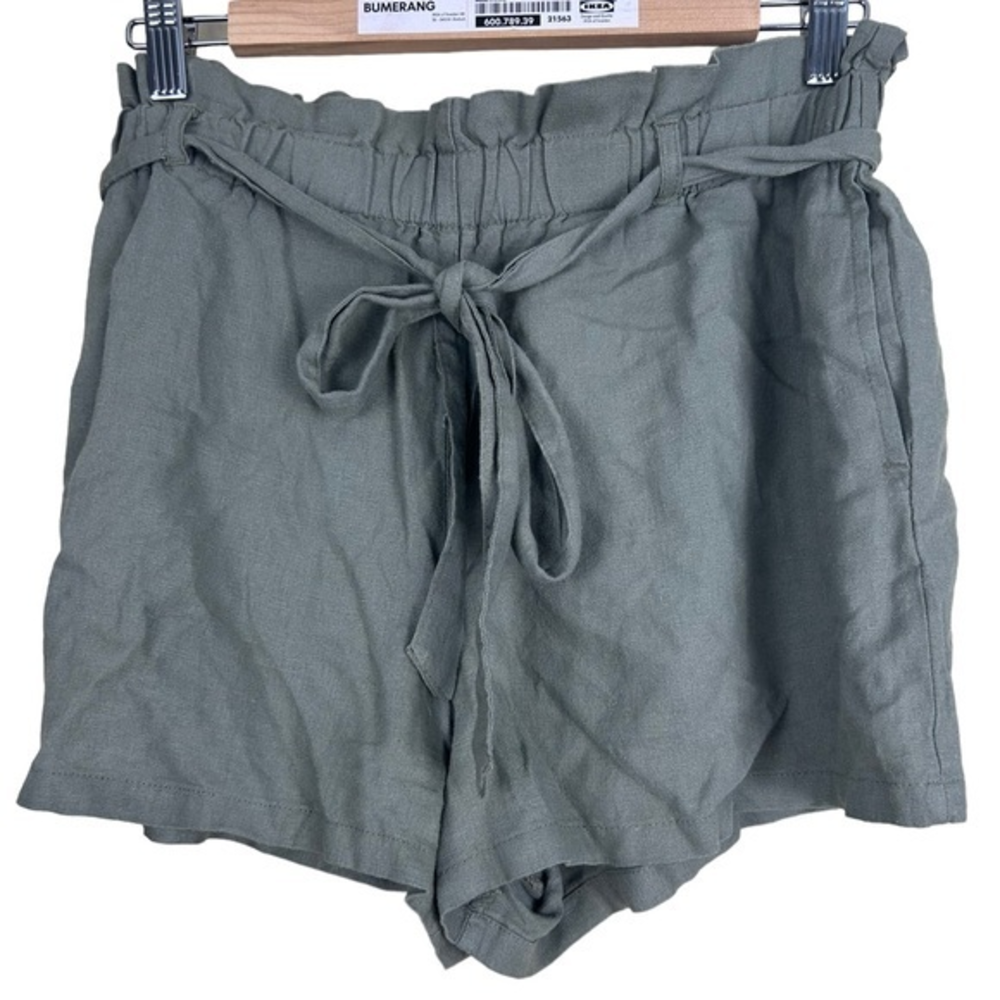 Linen Rayon Blend Sage Green Elastic Waist‎ shorts side pockets size medium